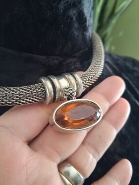 Vintage Cabot Sterling Mesh Necklace with Oval Citrine Pendant Snap Clasp